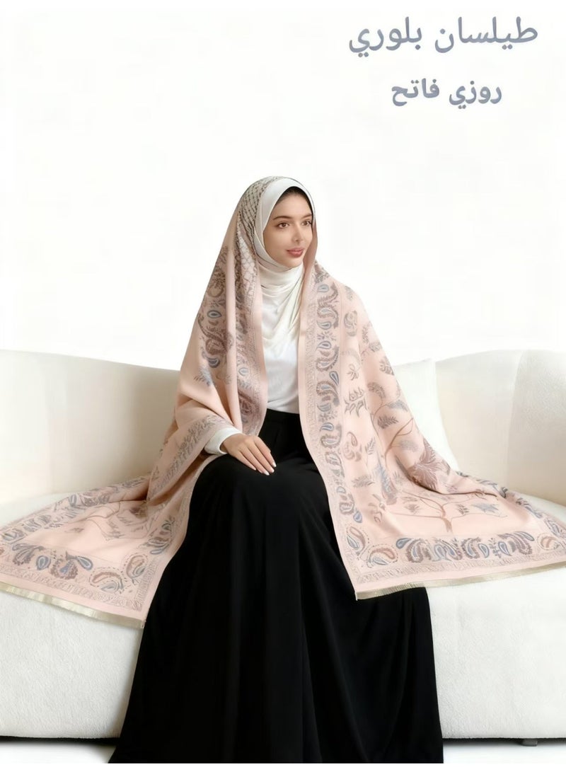 تشيندا شال بنقش عتيق ملمس الكاشمير لون وردي عقيق | سميك ودافئ | 70×185 سم - Image 1